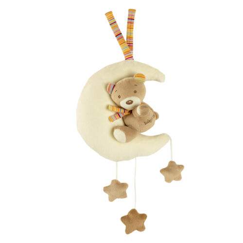 Die Fehn Spieluhr Teddy auf Mond hat praktische Bändchen zum Befestigen am Kinderwagen.