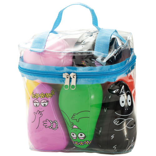Das Kegelset Familie Barbapapa wird in einer praktischen Tasche aufbewahrt.