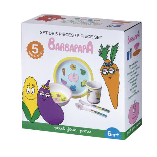 Die hübsch gestaltete Verpackung enthält Informationen zum Kindergeschirr.