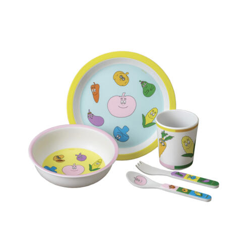 Die Mitglieder der Familie Barbapapa haben sich für die Dekoration dieses Kindergeschirr in leckeres Gemüse verwandelt.
