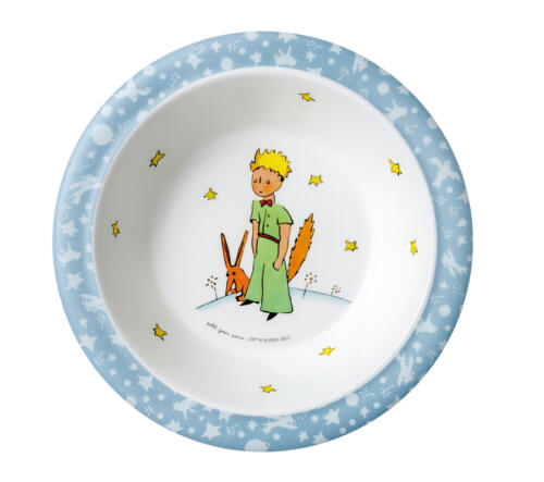 Die Schale ist mit einem Bild aus der Geschichte Der kleine Prinz verziert und hat einen hellblauen Rand.