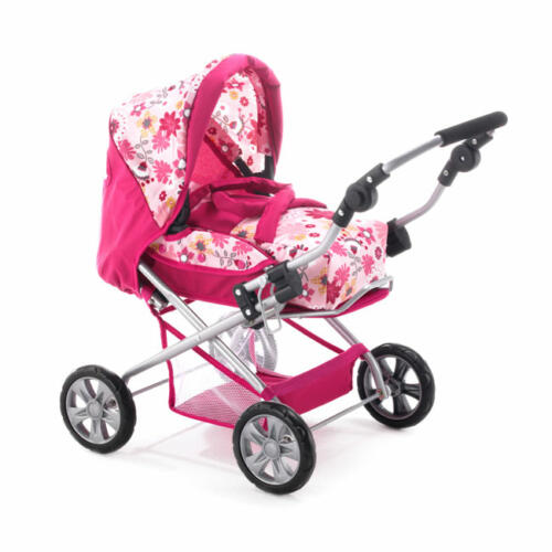 pinkfarbener Puppenwagen mit Gepäcknetz und verstellbarer Schieberhöhe