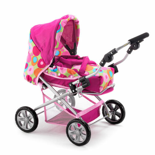 Kombi-Puppenwagen in Pink und inem Muster aus bunten Kreisen