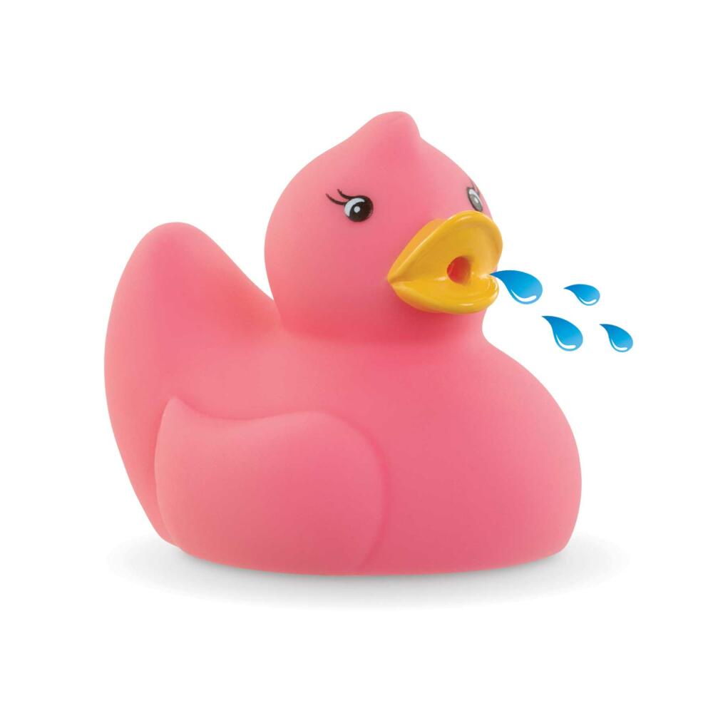 Das Spielzeug der Badepuppe ist eine pinkfarbene Badeente