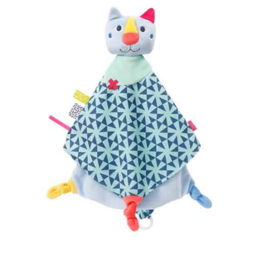 Das Fehn Schmusetuch Katze ist mit vielen farbenfrohen Details gestaltet.