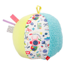 Mit dem farbenfrohen Stoffball von Fehn lernen Babys Geschicklichkeit, Motorik und Koordination.