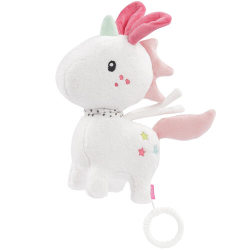 Die Fehn Spieluhr Einhorn ist mit liebevollen Details in freundlichen Farben gestaltet.