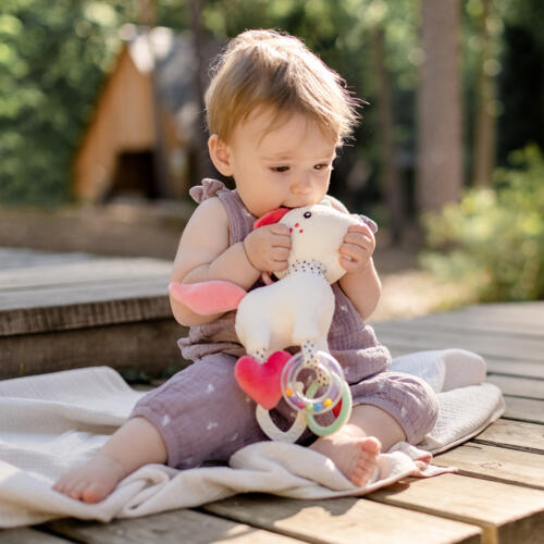 Ein baby spielt mit dem Activity Einhorn.