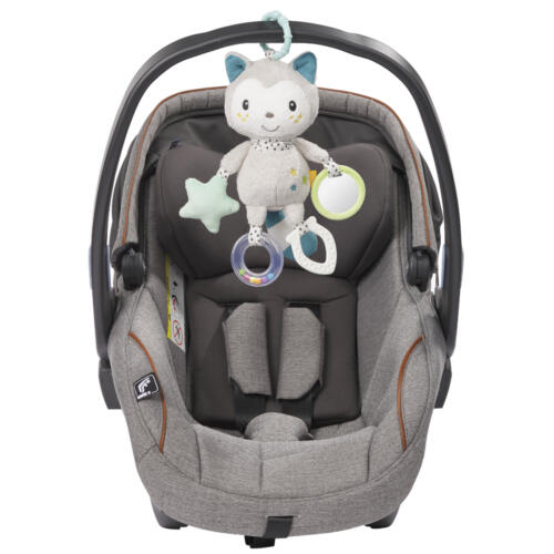 Die Activity Katz wurde mit dem praktischen C-Ring an einem Babysitz befestigt.
