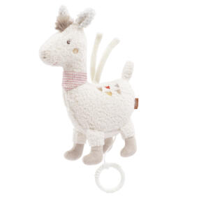 Die Fehn Spieluhr Lama hat zwei praktische Bändchen zum Festmachen am Kinderwagen, Autositz oder Bettchen.