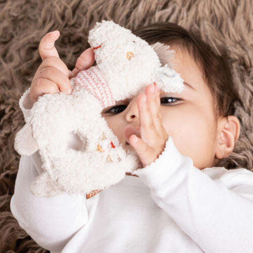 Ein Baby spielt mit dem Ring-Greifling Lama.