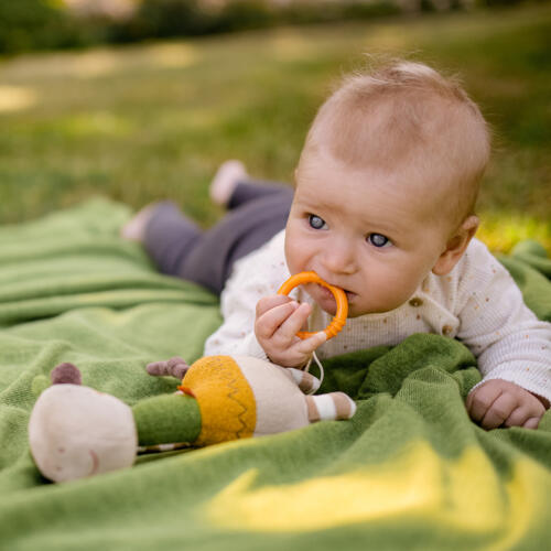 Ein Baby spielt mit der Spieluhr Giraffe.