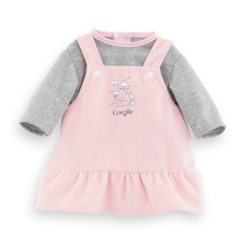 Das rosafarbene Corolle Puppenkleid mit grauen Ärmeln ist in Lagenoptik gestaltet.