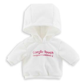Der weiße Ma Corolle Kaputzenpullover hat einen pinkfarbenen Designschriftzug.