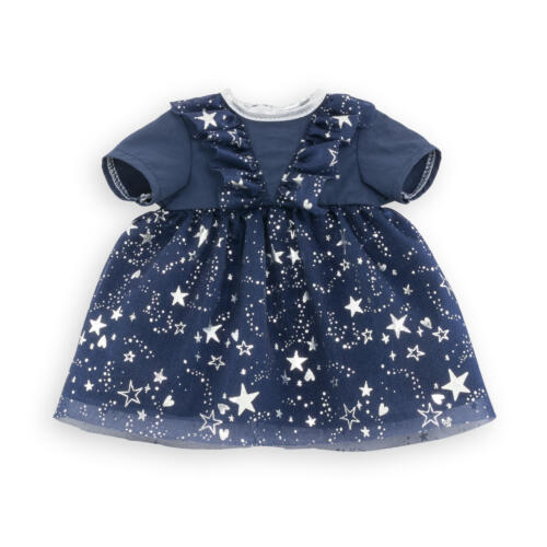 Das festliche Puppenkleid von Corolle hat ein Muster aus silbernen Sternen.