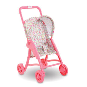 Der Sitz und der Sonnenschutz des Puppenwagens haben ein hübsches Blumenmuster.
