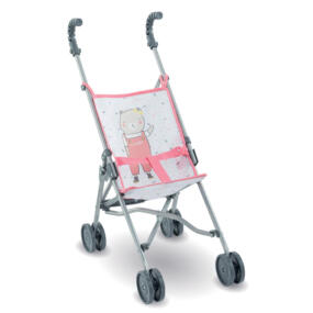 Der Corolle Puppenbuggy ist in den Farben rosa und grau gestaltet und mit einem niedlichen Teddybild verziert.