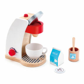 Das Foto zeigt die Kaffeemaschine aus Holz mit Zubehör.