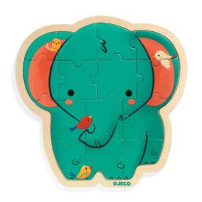 Das Bild zeigt das Holzpuzzle Elefant, das mit süßen Details illustriert ist.