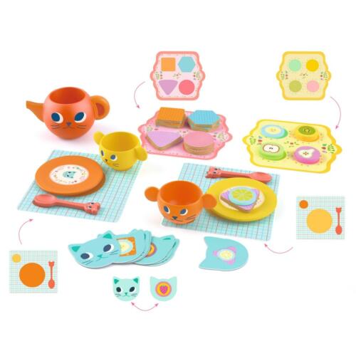 Die Illustration zeigt die Spielfunktionen und das Zubehör des Spiels Greedy Cats.