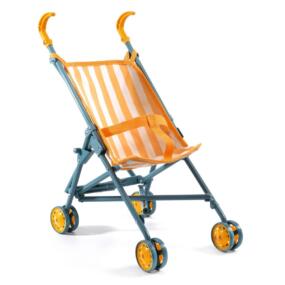 Der Puppenbuggy Sunshine hat eine orange gestreifte Sitzfläche, orangefarbene Griffe und Räder.