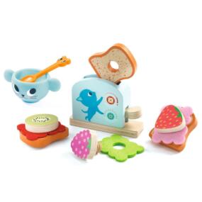 Aus dem Bild ist der Inhalt des Rollenspiels Frühstücksset mit dem Toaster aus Holz zu sehen.