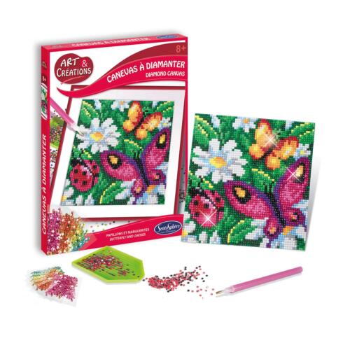Auf dem Bild ist die Schachtel des Strassstein Bildes Blumen und Schmetterlinge mit dem fertigen Bild und den winzigen bunten Strasssteinen zu sehen.