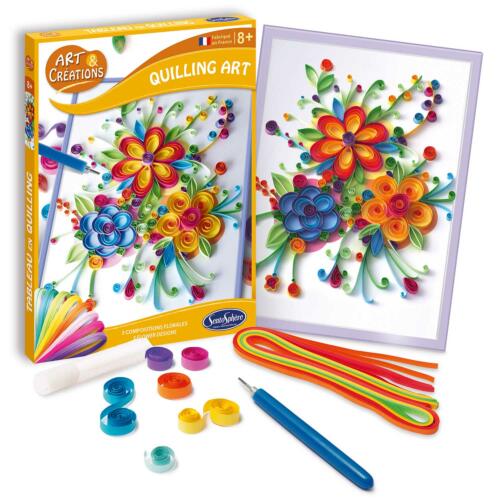 Auf dem Bild ist die Schachtel des Blumen Bastelsets Quilling Art mit der Gestaltungsvorlage und den schmalen Papierstreifen zu sehen.