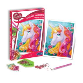 Auf dem Bild ist die Schachtel des Strassstein Bildes Einhorn mit dem fertigen Bild und den winzigen bunten Strasssteinen zu sehen.