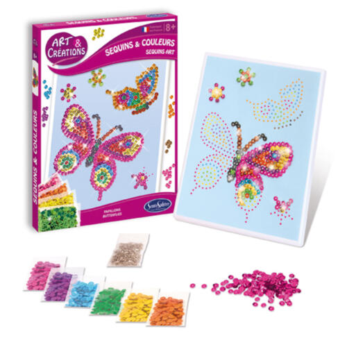 Auf dem Bild ist die Schachtel des Paillettenbildes Schmetterling mit der Vorlage und den bunten Pailletten zu sehen.