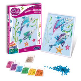 Auf dem Bild ist die Schachtel des Paillettenbildes Delphine mit der Vorlage und den bunten Pailletten zu sehen.