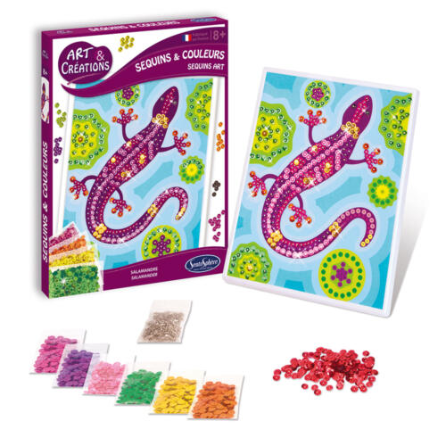 Auf dem Bild ist die Schachtel des Paillettenbildes Salamander mit der Vorlage und den bunten Pailletten zu sehen.