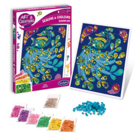 Auf dem Bild ist die Schachtel des Mosaikbildes Pfau mit der Vorlage und den bunten Pailletten zu sehen.