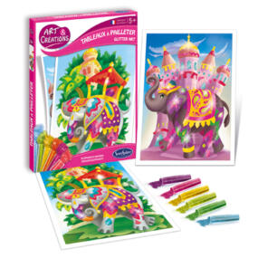 Auf dem Bild ist die Schachtel der Glitzerbilder Elefanten mit den fertigen Bildern und den winzigen bunten Pailletten zu sehen.