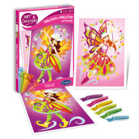 Auf dem Bild ist die Schachtel der Glitzerbilder Feen mit den fertigen Bildern und den winzigen bunten Pailletten zu sehen.