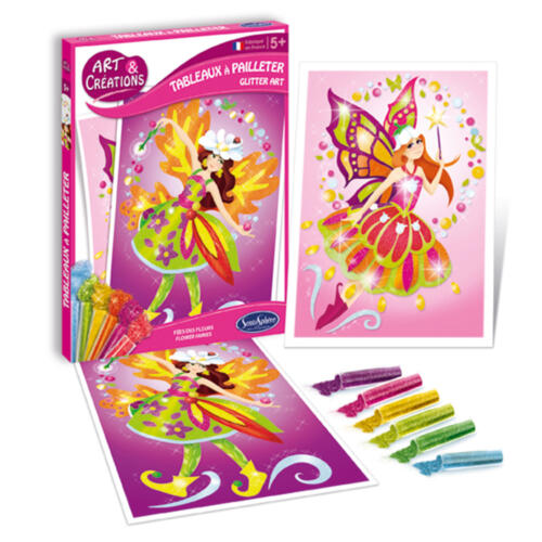 Auf dem Bild ist die Schachtel der Glitzerbilder Feen mit den fertigen Bildern und den winzigen bunten Pailletten zu sehen.