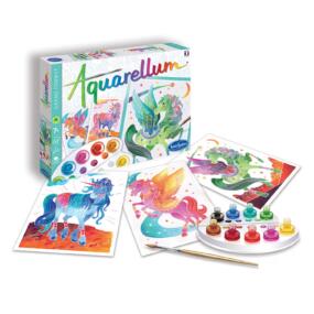 Auf dem Bild ist das Aquarellum Einhorn und Pegasus mit den Motivvorlagen und Aquarellfarben zu sehen.