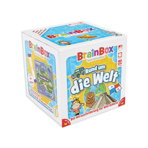 Die Verpackung des Spiels BrainBox Rund um die Welt ist auf allen Seiten hübsch illustriert.
