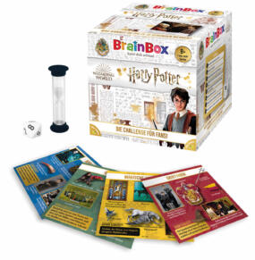 Das Bild zeigt die Verpackung und das Zubehör des Lernspiels BrainBox Harry Potter,