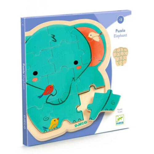 Die hübsch gestaltete Verpackung des Puzzle Elefant mit Informationen über das Spiel.
