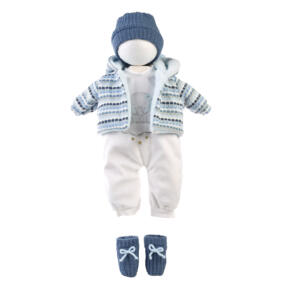 Das Puppenoutfit Elefant ist besonders für die kalten Tage geeignet. Das Ste enthält einen Overall, eine Strickjacke mit Kaputze, eine Wollmütze und Söckchen.