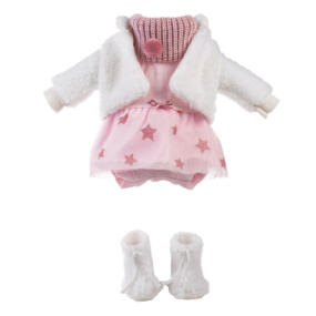 Auf dem Bild ist die Puppenkleidung Tütü Sterne mit flauschiger Jacke und Stiefeln abgebildet.