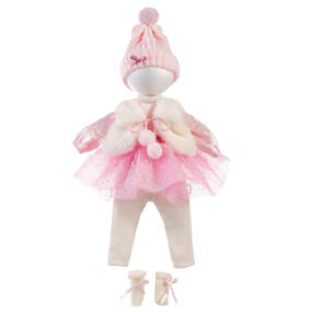 Das Bild zeigt die Puppenkleidung Tütü pink mit Leggins, Söckchen, Jacke und Strickmütze.