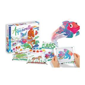 Das Bild zeigt die Verpackung und das Zubehör des Aquarellum Live 3D Tiere und illustriert die 3D Funktion.