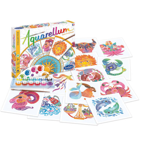 Das Set enthält neben Pinsel und Farben zwölf Vorlagen mit den Sternzeichen zum Ausmalen.