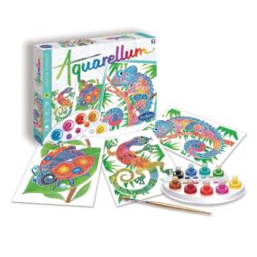 Das Bild zeigt die Verpackung und den Inhalt des Aquarellum GM Tiere.