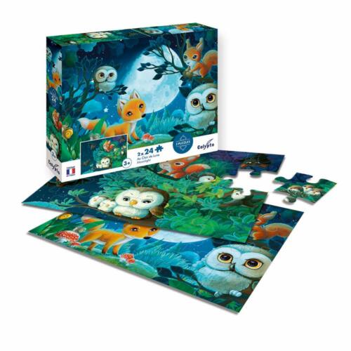 Die Illustration zeigt das Puzzle Set Tiere in der Nacht und die Produktverpackung von Calypto.