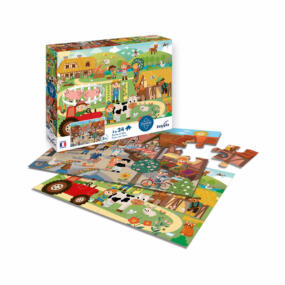 Die Illustration zeigt das Puzzle Set Bauernhof und Stadt und die Produktverpackung von Calypto.