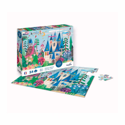 Die Illustration zeigt das Puzzle Märchenschloss und die Produktverpackung von Calypto.