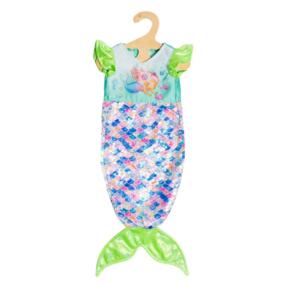 Das Puppenkleid Meerjungfrau Yara ist mit hübschen Details gestaltet und mit Glitzer und Pailletten verziert.